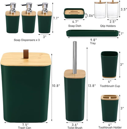 Dark Green Bathroom Accessories, Green Bathroom Accessories Set with Trash Can, Soap Dispenser, Toothbrush Holder, Toothbrush Cup, Soap Dish, Toilet Brush, Tray and Q-tip Holders