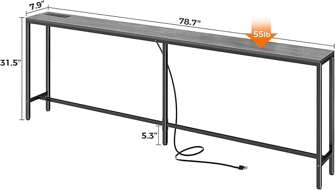 SUPERJARE 78.7 Inch Console Table with Outlet, Sofa Table with Charging Station, Narrow Hallway Entryway Table, Behind Couch Table, for Living Room, Charcoal Gray