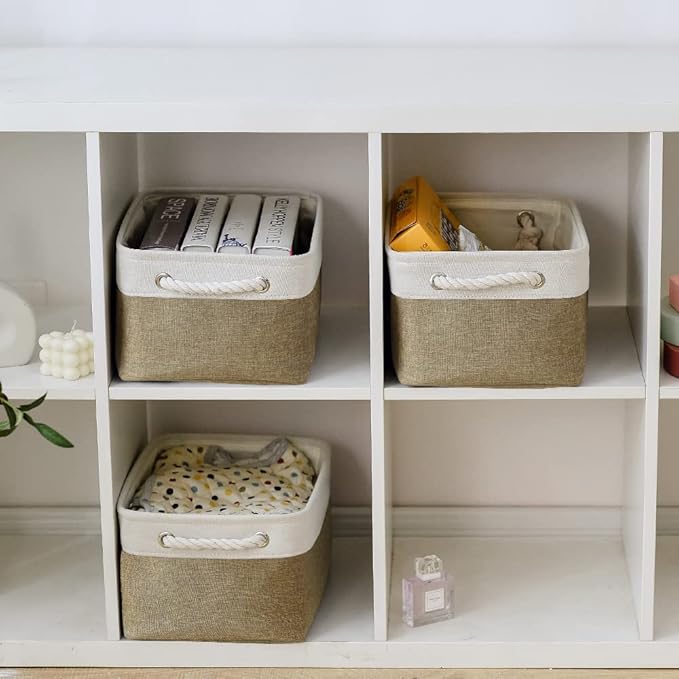 TheWarmHome Storage Basket for Organizing - 14x10x7 inch Medium 3 Pack Collapsible Storage Bin for Shelves with Handles, Canves Storage Box for Organizer Cubes Cloth Gift Toy Closet (White & Khaki)