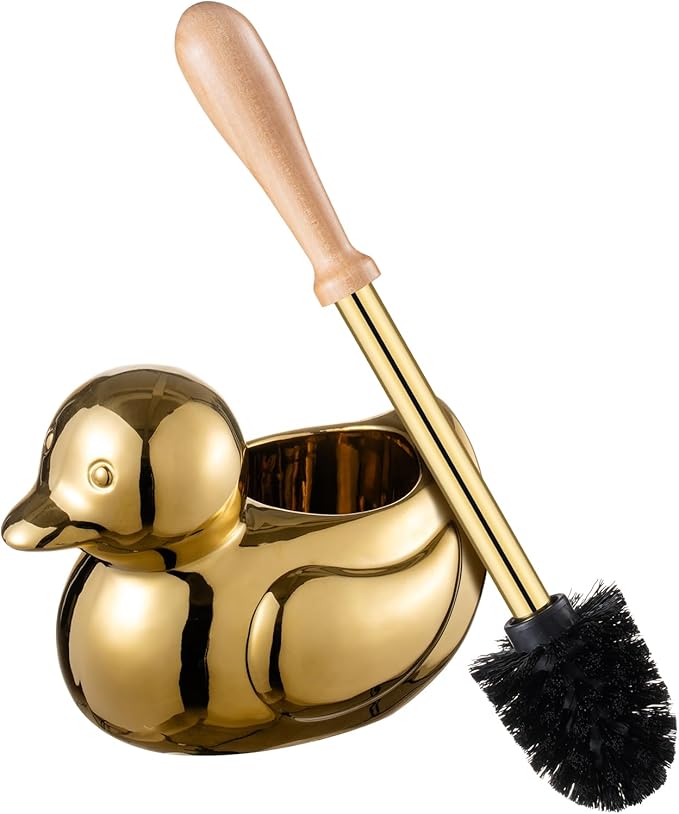 Duck Toilet Brush and Holder Set - Ceramic Bathroom Toilet Scrubber Brush Organizer with Wooden & Stainless SteelHandle, Gold Toilet Brush & Cute Duck Design for Bath Decor Storage