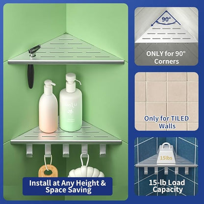 10‘’ Corner Shower Shelf, 304 Stainless Steel Shelves for Bathroom, Grout in Shelf with Hooks for Tiled Wall (Brushed)