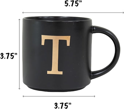 COLLECTIVE HOME - Monogram Ceramic Mugs, 15 oz Golden Initial Black Coffee Cups, Elegant Alphabet Tea Mugs, Elegant Personalized Mug with Gift Box, Unique Mug with Double Side Capital Lette (T)