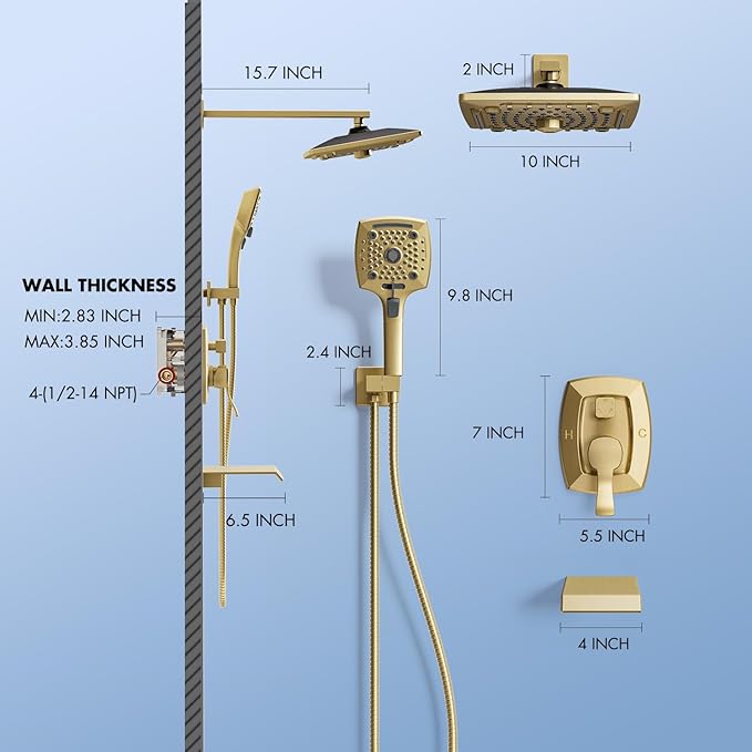 ELLO&ALLO Bathroom Shower Faucet Set Mixing Valve and Trim Kit, Complete Shower System with Tub Spout, Brushed Gold