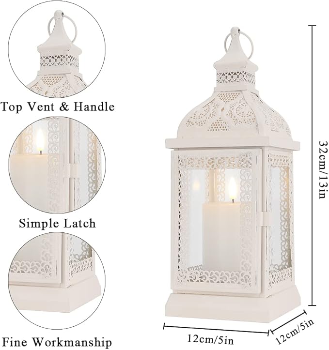 TRIROCKS Rustic Style Metal Candle Lantern 13'' High Decorative Outdoor Lantern Candle Holder with Tempered Glass for Thanksgiving Christmas Living Room Garden Patio Parties Indoors Outdoors (Cream)