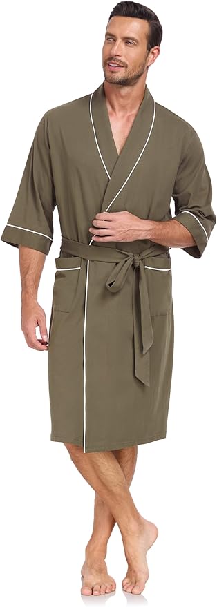 COLORFULLEAF Men's Bathrobes 100% Cotton Soft Comfort Breathable Short Sleeve Summer Kimono Mens Lightweight Robe