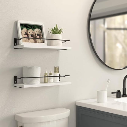 RICHER HOUSE White Bathroom Shelves, Small Floating Wall Mounted Shelf for Bathroom Decor, Guard-Rail Wood Shelving Organizer Over Toilet Kitchen Storage Shelves Set of 2 - White
