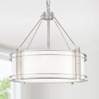 16.3''Drum Chandelier 3-Light Brushed Nickel Modern White Fabric Chandeliers Adjustable Drum Pendant Light for Dining Room Kitchen Island Hallway Living Bedroom