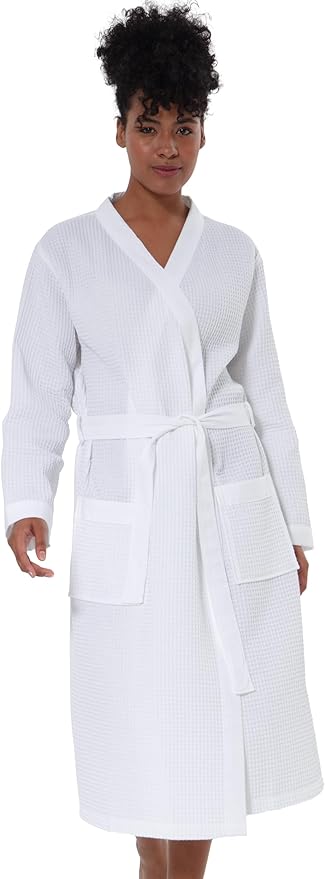 Women’s Luxury Waffle Shawl Collar, Hooded Robe w Piping – Lightweight, Long, Ultra Soft Spa Sleepwear Bathrobe