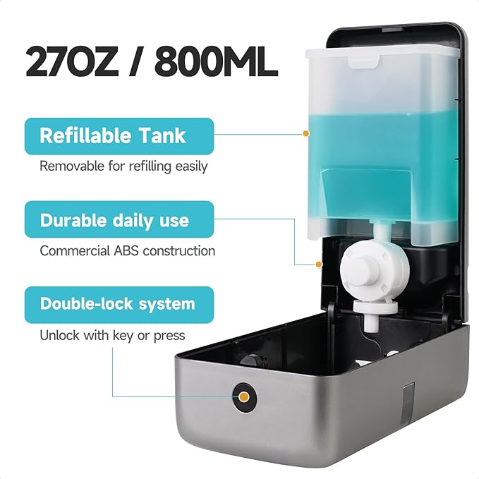 AIKE Wall Mount Liquid Soap Dispenser, 27oz Large Capacity with Extended Pump for Commercial Bathrooms(Silver)