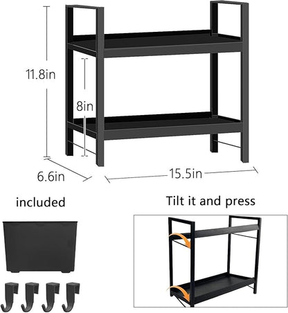 Bathroom Counter Organizer with Basket & Hooks, 2 Tier Bathroom Organizers and Storage for Perfume, Cologne or Spice, Black Countertop Organizer for Vanity, Kitchen, Office or Under Sinks