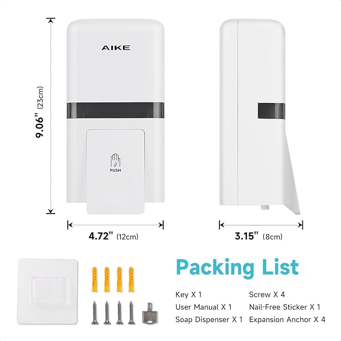 AIKE Wall Mount Liquid Soap Dispenser, 27oz Large Capacity with Extended Pump for Commercial Bathrooms(White)