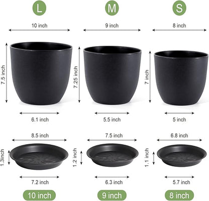 10/9/8 inch Medium Plant Pots, 3 Pack Modern Decorative Plastic Planters with Drainage Holes and Saucers, Flower Pots for Indoor Outdoor Plants, Black