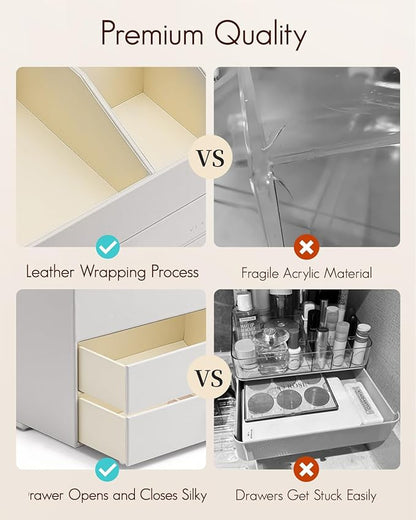 Vlando Makeup Organizer for Vanity,Large Capacity Countertop Organizer with Drawers, PU Leather Cosmetic Display Case for Lipstick,Brushes,Skincare,Nail polish and Bedroom Storage (White)