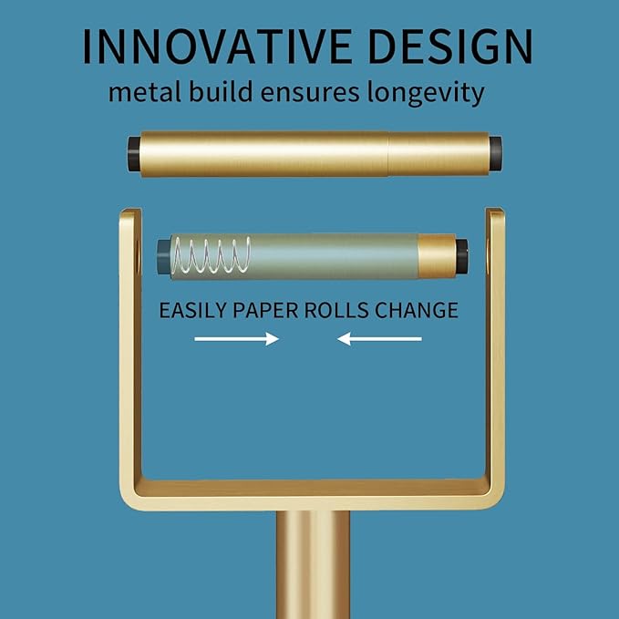 YUMORE Toilet Paper Holder Free Standing, Stainless Steel Toilet Paper Stand, Weighted Base Floor Tissue Roll Holder for Bathroom,Gold 200UP