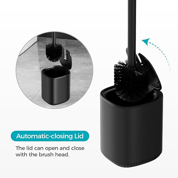 Toilet Brush and Holder Set Toilet Bowl Brush Stainless Steel Automatic Toilet Bowl Cleaner Brush with Durable Bristle Head Toilet Cleaning Brush for Bathroom 2 Pack Set Black