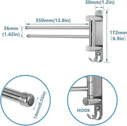 Bathroom Towel Holder JSVER 2 Arms SUS304 Stainless Steel Wall Mounted Towel Bar, Swivel Towel Racks for Bathroom, Kitchen