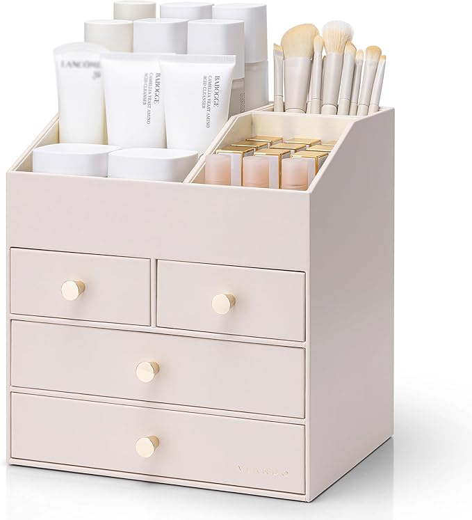 Vlando Makeup Organizer Countertop,Large Vanity Organizer PU Leather Make up Storage with 4 Drawers Skincare Organizer Cosmetic Display Case for Lipstick,Brushes-Apricot White