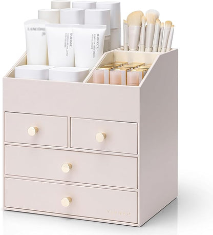 Vlando Makeup Organizer Countertop,Large Vanity Organizer PU Leather Make up Storage with 4 Drawers Skincare Organizer Cosmetic Display Case for Lipstick,Brushes-Apricot White