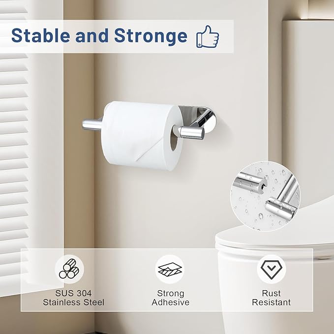 Self Adhesive Chrome Toilet Paper Holder, SUS304 Stainless Steel Toilet Roll Holder, Double Base Paper Towel Holder Wall Mount No Drilling for Bathroom, Kitchen, Washroom