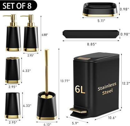 Bathroom Accessories Set- 8PC Black Bathroom Set, Luxury Bathroom Set with Stainless Steel Bathroom Trash Can, Toilet Brush, Toothbrush Holder & Soap Dispenser