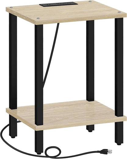 TUTOTAK End Table with Charging Station, Small Side Table with Outlets, Nightstand Bedside Table, 2-Tier Storage Shelf for Small Space, Living Room, Bedroom, Oak TB01BO040