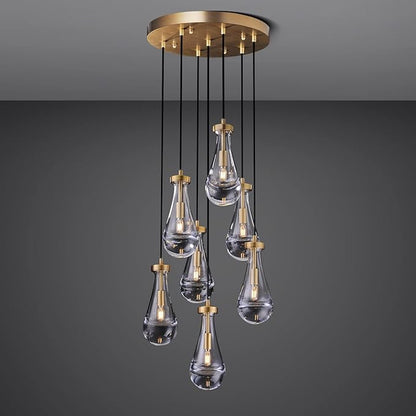 7 Light Raindrop Chandeliers, Brass Teardrop Cluster Pendant Lights Kitchen Island, Gold Dining Room Chandeliers Over Table Hanging Pendant Lighting for High Ceiling, Entryway Staircase