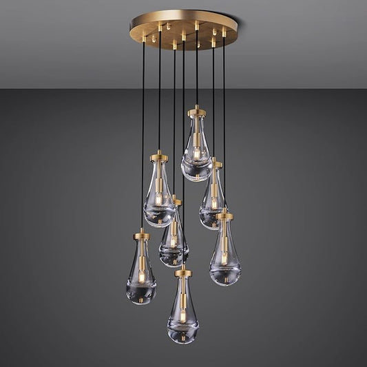 7 Light Raindrop Chandeliers, Brass Teardrop Cluster Pendant Lights Kitchen Island, Gold Dining Room Chandeliers Over Table Hanging Pendant Lighting for High Ceiling, Entryway Staircase