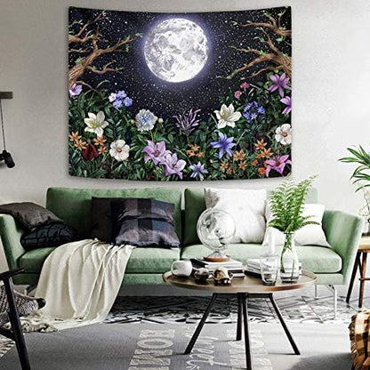 Neasow Aesthetic Moon Garden Tapestry Wall Hanging, Night Landscape with Colorful Plants Floral Tapestries for Bedroom Home Decor Multi Color 36×48 inch (90cm×120cm)