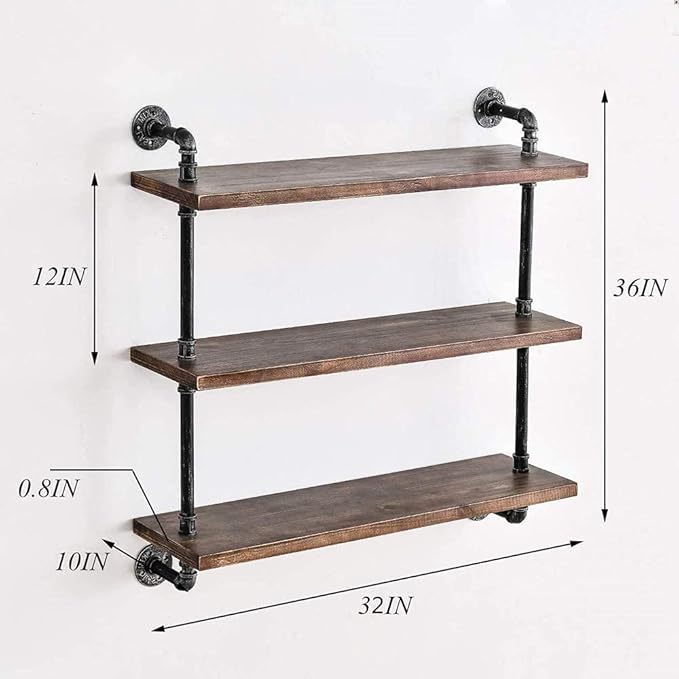DR.IRON Industrial Pipe Shelving 3 Tiers Wall Mount, Rustic Storage Shelves, Retro Bathroom Shelving (Black, 32" L)