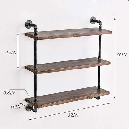 DR.IRON Industrial Pipe Shelving 3 Tiers Wall Mount, Rustic Storage Shelves, Retro Bathroom Shelving (Black, 32" L)