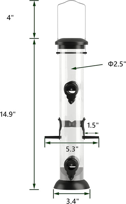 Bird Feeder Premium Hard Plastic for Wild Bird Feeders for Outdoors, Tube Bird Feeders for Outdoors Hanging,14 Inch 6 Port Black, Pack of 1