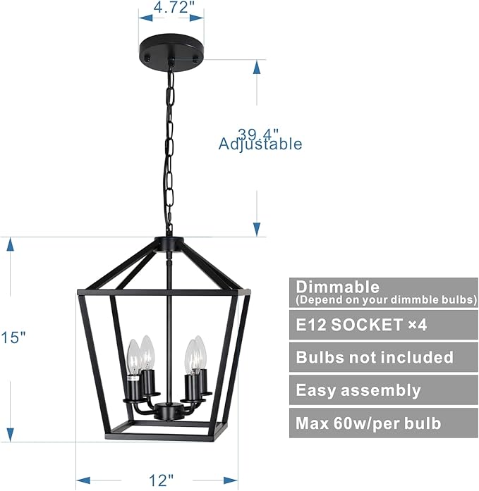 4-Light Lantern Pendant Light,Modern Industrial Black Cage Farmhouse Chandelier for Kitchen Island,12'' Rustic Metal Hanging Lighting Fixture for Dining Room Bedroom Foyer Entry Porch