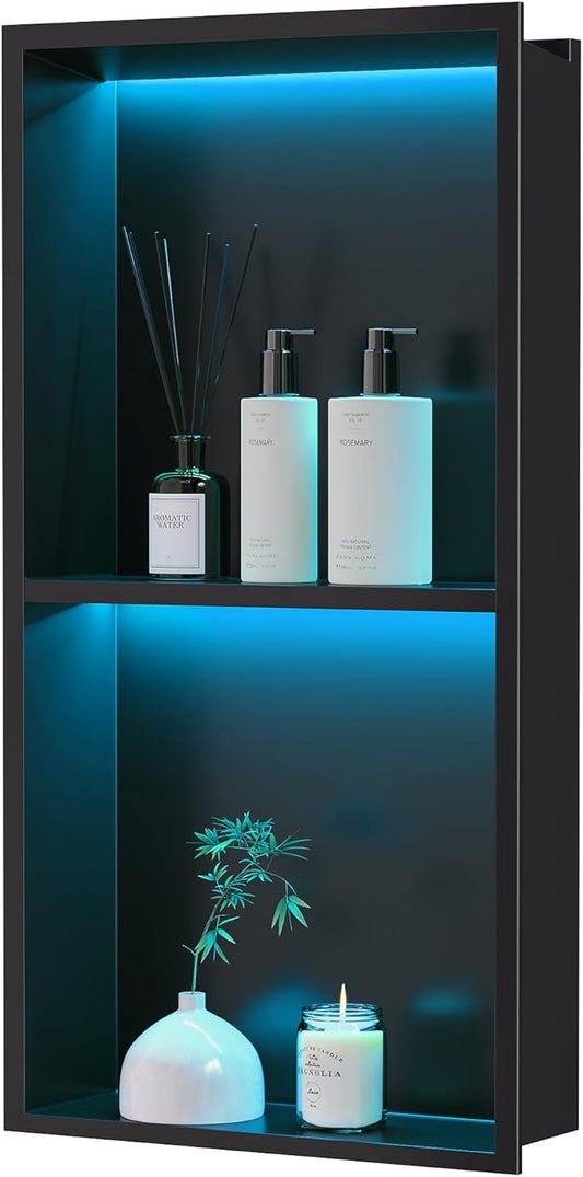 Stainless Steel Shower Niche 12" X 24", No Tile Needed Wall Niche with RGB Led Light, Recessed Shower Shelf for Bathroom Storage Over Mount Installation, Matte Black