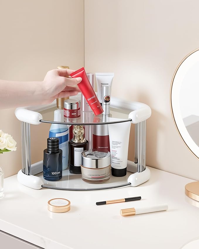 Corner Bathroom Counter Organizer, Perfume Skincare Organizers and Storage Countertop, Makeup Shelf for Vanity Dresser, Tiered Counter Top Skin Care Holder, 2 Tier, White