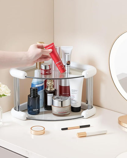Corner Bathroom Counter Organizer, Perfume Skincare Organizers and Storage Countertop, Makeup Shelf for Vanity Dresser, Tiered Counter Top Skin Care Holder, 2 Tier, White