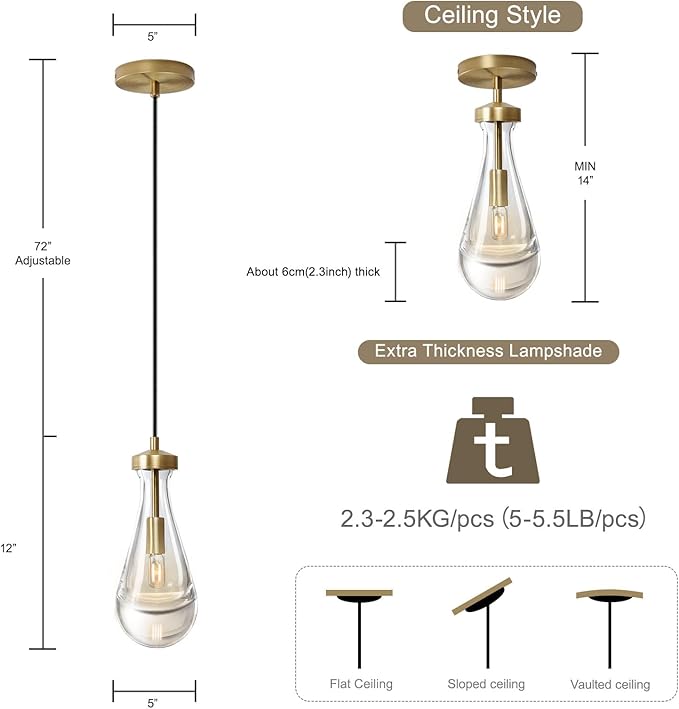 Raindrop Pendant Lights Set of 3, Pendant Lights Kitchen Island 3 Pack, Teardrop Glass Pendant Lights for Bedroom Bathroom, Island Lights, Chandelier for Living Room Hallway, Bulb Included