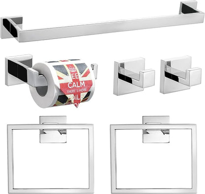 TQKAG 6-Piece Bathroom Towel Bar Sets Polished Chrome 23.6 inch Towel Bar Stainless Steel Towel Ring Coat Hook and Toilet Paper Holder Bathroom Hardware Set Wall Mounted Bathroom Accessories Kit