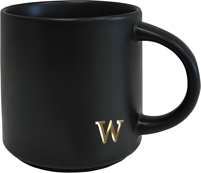 COLLECTIVE HOME - Black Monogram Ceramic Mugs, 15 oz Golden Initial Coffee Cups, Elegant Alphabet Tea Mugs, Personalized Halloween Mug with Gift Box, Perfect for Office and Home Décor (w)