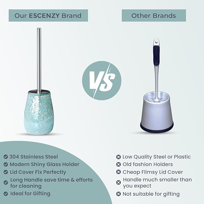 Turquoise Green Toilet Brush and Holder Set Mosaic Glass | Non-Rustic Stainless Steel | Practical & Decorative Toilet Bowl Brush and Holder | Luxury Green Bathroom Accessories