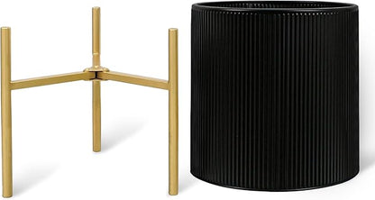 ARNIS Modern Plant Pots, Set of 2 Round Large Planters with Stand, Large Size Metal Pots with Drainage Holes for Living Room, Office, Garden or Balcony, 10.5 &12.25 Inch, Black & Gold