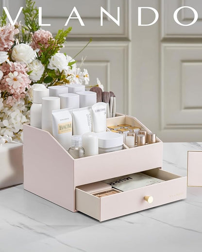 Vlando Makeup Organzier,Vanity Organizer with Drawers, PU Leather Skincare Organizer Perfume Organizer,Large Cosmetic Display Case for Lipstick,Brushes Gifts for Women-Apricot White