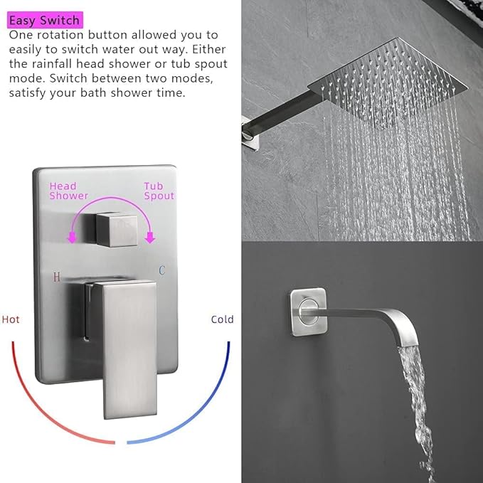 Brushed Nickel Shower Faucet Set with Tub Spout Bathroom Luxury Rain Mixer Shower Head System Wall Mounted Shower Faucet Complete, Single Handle Tub and Shower Trim Kit with Rough-in Valve