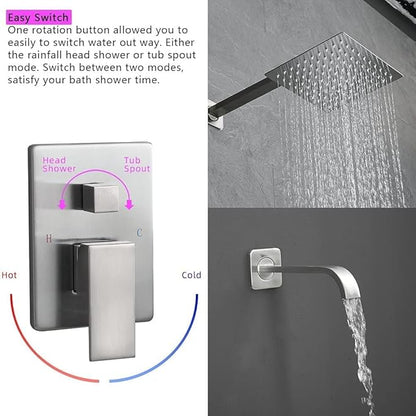 Brushed Nickel Shower Faucet Set with Tub Spout Bathroom Luxury Rain Mixer Shower Head System Wall Mounted Shower Faucet Complete, Single Handle Tub and Shower Trim Kit with Rough-in Valve