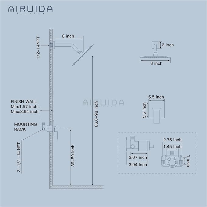 Airuida Shower Faucet Set Bathroom Rain Shower System SUS304 Stainless Steel Single Handle With Male Threads Rough-in Valve Shower Trim Kit 8 Inch Wall Mount Shower Head Brushed Nickel