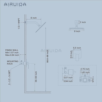 Airuida Shower Faucet Set Bathroom Rain Shower System SUS304 Stainless Steel Single Handle With Male Threads Rough-in Valve Shower Trim Kit 8 Inch Wall Mount Shower Head Chrome Polish