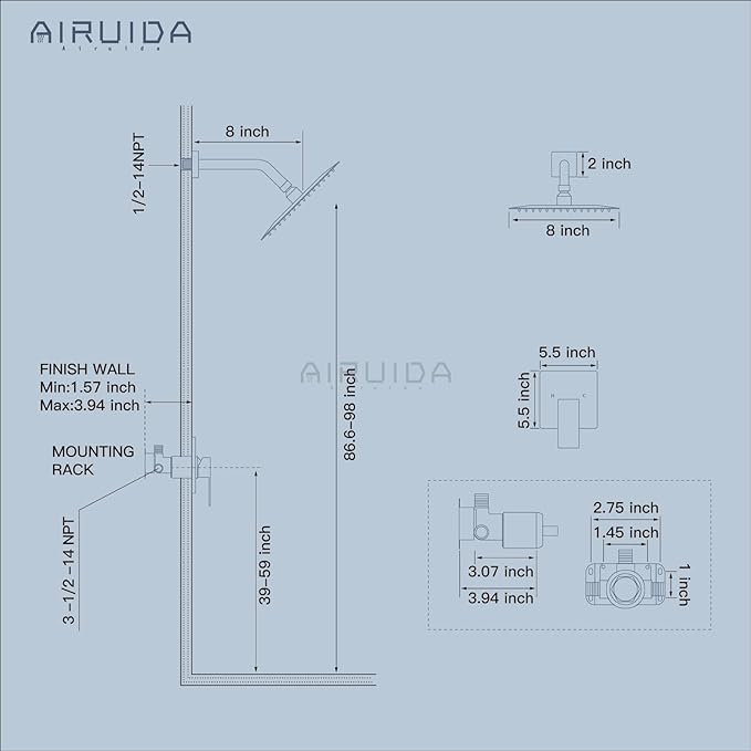 Airuida Shower Faucet Set Bathroom Rain Shower System SUS304 Stainless Steel Single Handle With Male Threads Rough-in Valve Shower Trim Kit 8 Inch Wall Mount Shower Head Matte Black