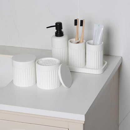 Bathroom Accessory Set - 6 Pieces Bathroom Accessories Set Complete with Soap Dispenser, Toothbrush Holders, Tumbler, Vanity Tray and 2 Qtip Holder for Home Organizer and Decor, White