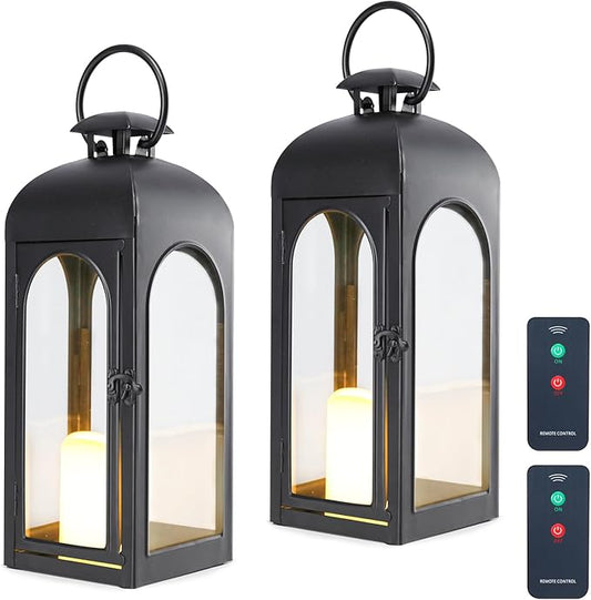 Bdor 2 Pack 16 Inches Metal and Tempered Glass Decorative Lantern with Electronic Wax Effect - Indoor/Outdoor Decorative Lighting, Handcrafted Aesthetic, Perfect for Home, Parties, and Holiday Decor