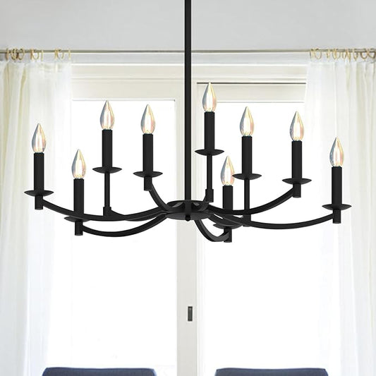 Round Black Chandeliers, Modern Candle Hanging Lights, LED Pendant Lighting Ceiling for Dining Room Bedroom Kitchen Island Farmhouse Living Room (Black-A 9Lights)