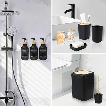 Black and Wood Bathroom Accessories Set 19Pcs, Bathroom Set with Trash Can and Toilet Brush, 3PCS Drill Free 17oz Soap Dispenser Wall Mounted, Toothbrush Holder and Cup, Soap Dish, Qtip Holder